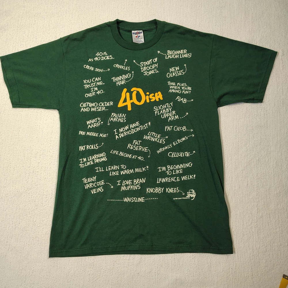 VINTAGE Zany Products T-Shirt Large Green 40ish Cotton Blend Funny Birthday